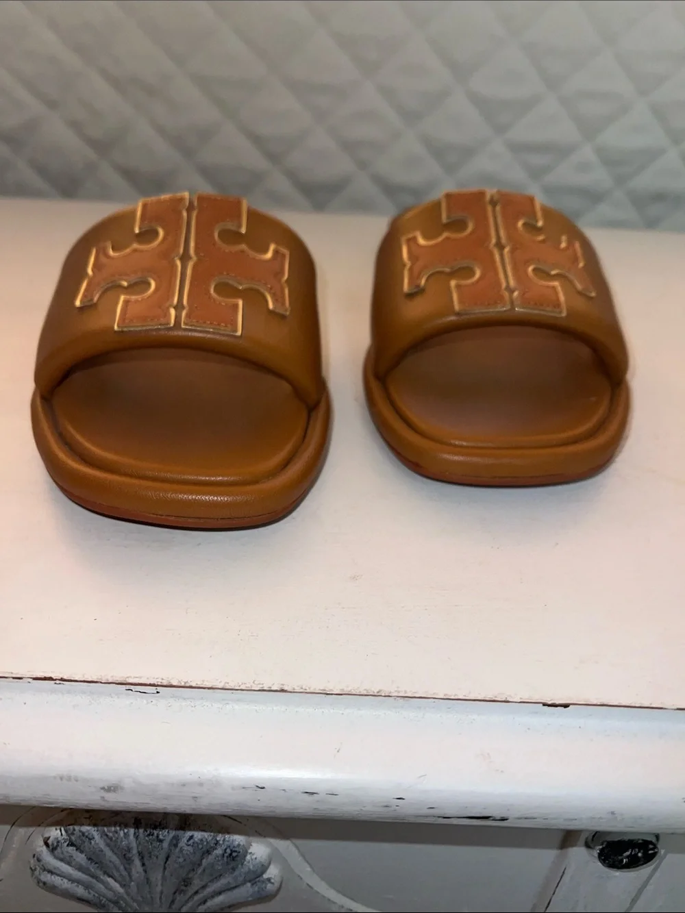 Tory Burch Tan Leather Logo Slide Sandals